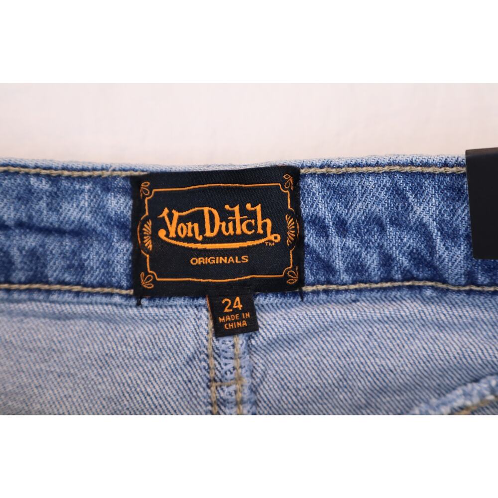 NEW Von Dutch Denim Skirt Women's Blue Distressed Cut Off Mini Jean Size 24 - Picture 3 of 3